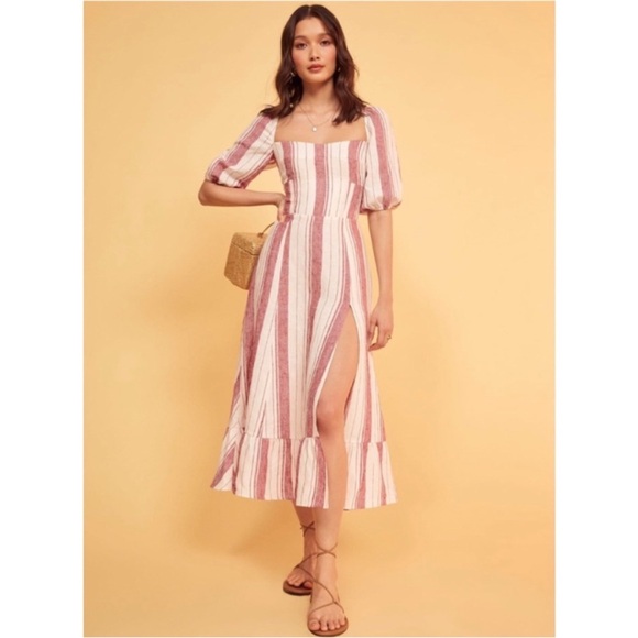 Reformation Belgium Linen Midi Dress in Savannah Stripe Red - Picture 3 of 9